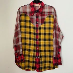 No21 Red Yellow Plaid Sheer Cotton Silk Button Down Top Italy 44 Large